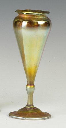 Tiffany Gold Iridescent Vase w/Ruffled Top: Tiffany Gold Iridescent Vase w/Ruffled Top. LCTiffany Inc. Favrille #5937 D. An Auburn, NY Private Collection. Ht. 7 1/2"