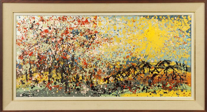 Syd Solomon (American, 1917-2004) "Fall Sundown": Syd Solomon (American, 1917-2004) "Fall Sundown". Sgn. Lower left, Solomon. Sgn. & titled on reverse, #159. Oil/Masonite. 17" x 36"