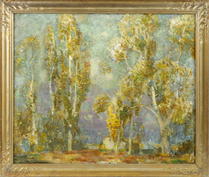 Douglass Ewell Parshall (American, 1899-1990): Douglass Ewell Parshall (American, 1899-1990) "Cottonwoods Autumn". Sgn. Lower right, Douglas Parshall. Sgn. & titled on reverse. Oil/board. 20" x 24"