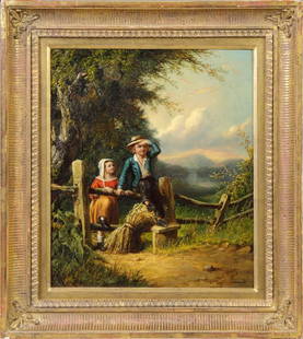 William Sanford Mason (American, 1824-1864) "Children: William Sanford Mason (American, 1824-1864) "Children in Landscape". Sgn. Lower right, W. Sanford Mason, 1864. Oil/artist panel. A New England Collection. Caldwell Gallery, 1993. A Private Syracuse Co