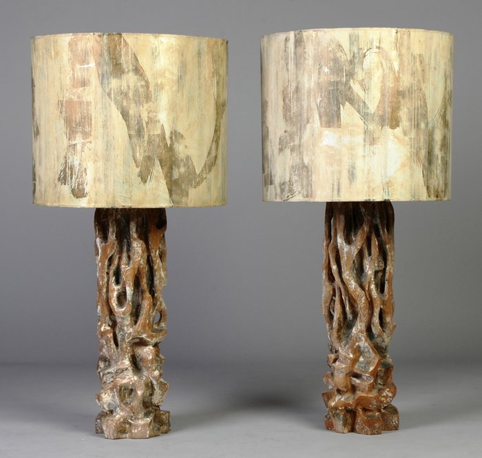 Pair of James Mont (1904-1974) Tree Trunk Lamps: Pair of James Mont (1904-1974) Tree Trunk Lamps. New York, 1950s; Carved, gilt, and polychrome wood, painted shades, single sockets. The Levine Collection. Ht. 41" Shade Dia. 19 1/2"