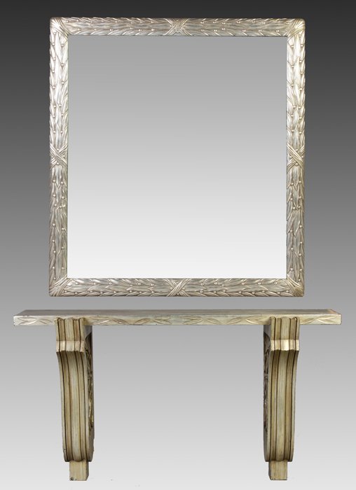 James Mont (1904-1974) Wall-Hanging Console Table &: James Mont (1904-1974) Wall-Hanging Console Table & Mirror. Table is pickled wood with foliate carving, along with carved and gilt mirror. The Levine Collection. Table: Ht. 28" W 54" D 12". Mirror: 47