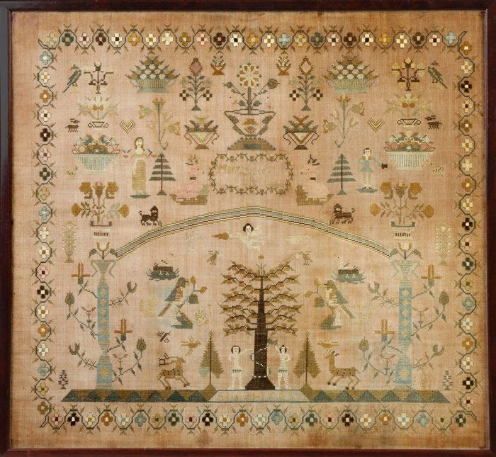 American Sampler with Adam & Eve: American Sampler with Adam & Eve . C. 1810. Mary Luce, Age 11 years. Various figures, trees, deer, etc. A Syracuse, NY Collection. 22" x 24"