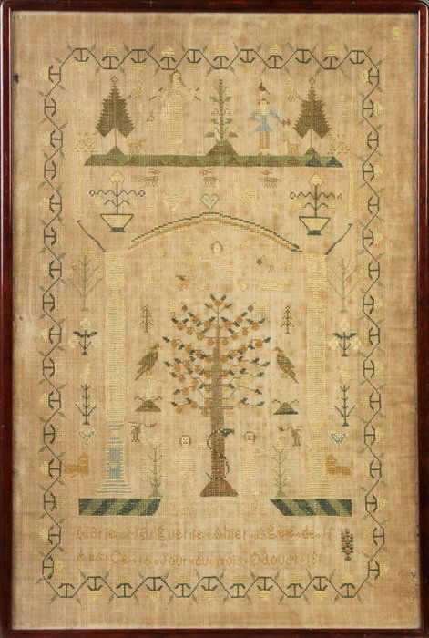 Early 19th Cent. French Needlework on Silk: Early 19th Cent. French Needlework on Silk. Adam & Eve sampler. Name: Marie Marguerite Ahier, Aged 11, Aus le Jour du Mais Daoust. A Syracuse, NY Collection. 26" x 17"