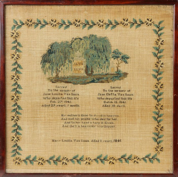 Needlework Memorial with Monument and Weeping Willows: Needlework Memorial with Monument and Weeping Willows. Mary Louisa Van Saun, Aged 8 years, 1841 A Syracuse, NY Collection. 18" x 18"