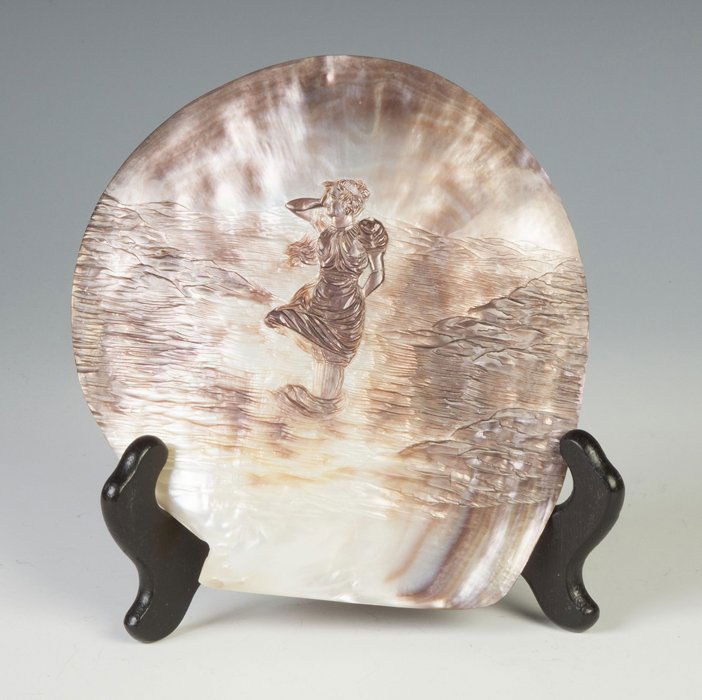 Carved Abalone Shell w/Victorian Lady & Seashore: Carved Abalone Shell w/Victorian Lady & Seashore. Ht. 6 1/2" W 6 1/2".