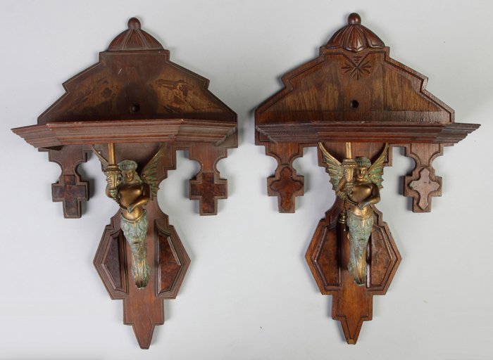 Two Similar Victorian Wall Brackets w/Patinaed Metal: Two Similar Victorian Wall Brackets w/Patinaed Metal Figures. Ht. 17" W 10". Property of the Strong, sold to benefit the museum's collections fund.