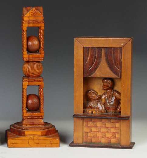Carved Whimsy Toy tog. w/ Carved & Painted Diorama: Carved Whimsy Toy tog. w/ Carved & Painted Diorama. Early 20th cent. Max. Ht. 13 1/2". Property of the Strong, sold to benefit the museum's collections fund.