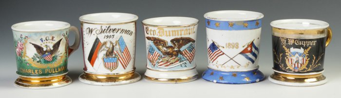 Five Vintage Patriotic/Military Occupational Shaving: Five Vintage Patriotic/Military Occupational Shaving Mugs. L to R: Charles Pullman w/Eagle & shield, F.O.E, wear to gold, otherwise very good. W. Silverman, 1903, eagle w/flag & shield, wear to gold, 
