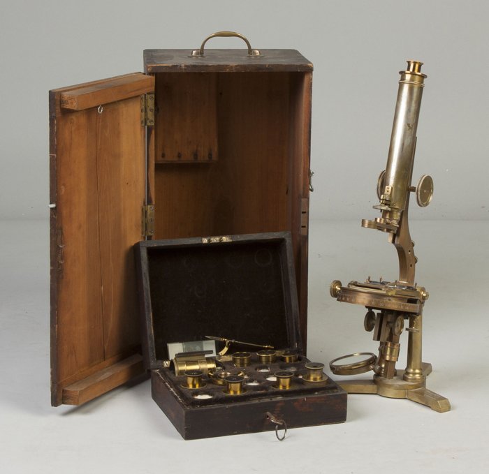R. & J. Beck, London, Brass Microscope: R. & J. Beck, London, Brass Microscope. #5659. With original case & accessories. Ht. 21".