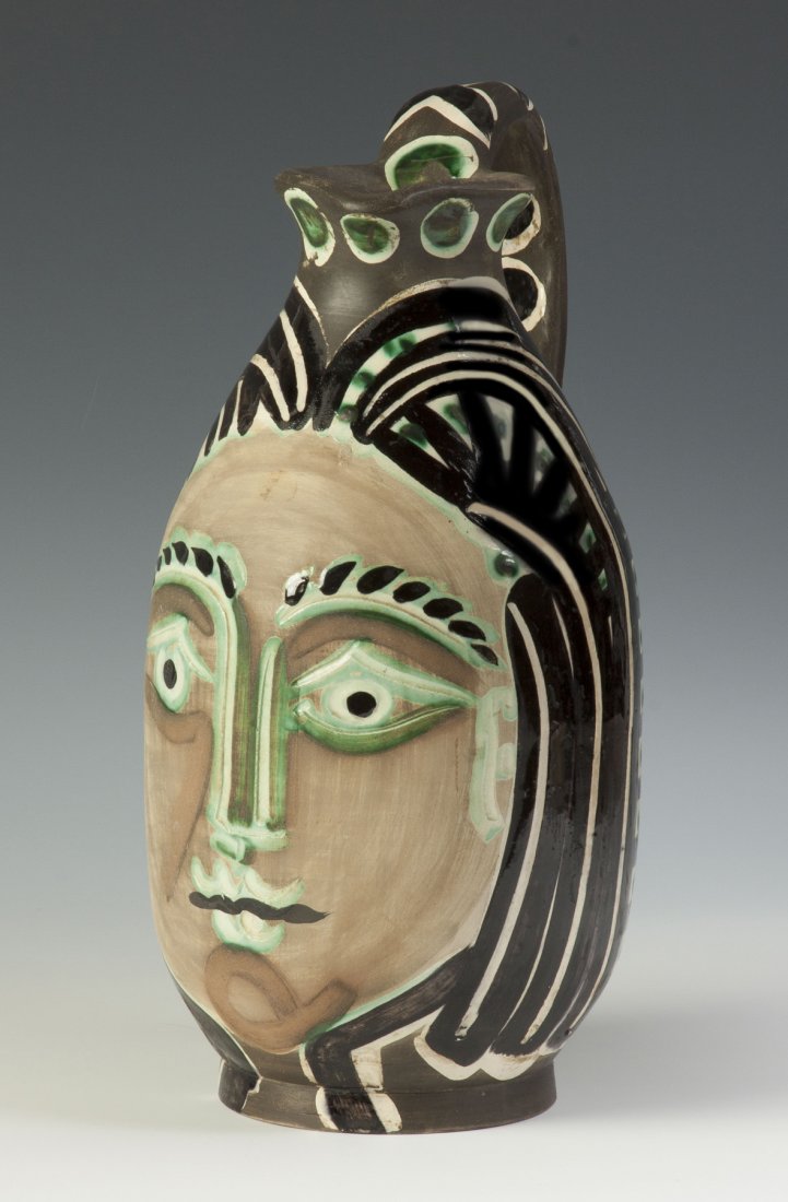 Pablo Picasso (Spanish, 1881-1973) Pitcher, "Bearded: Pablo Picasso (Spanish, 1881-1973) Pitcher, "Bearded Man's Wife".(A.R. 193), 1953. Partially glazed terre de faïence pitcher, painted in black, beige, green, and gray patina, from the edition of 500,