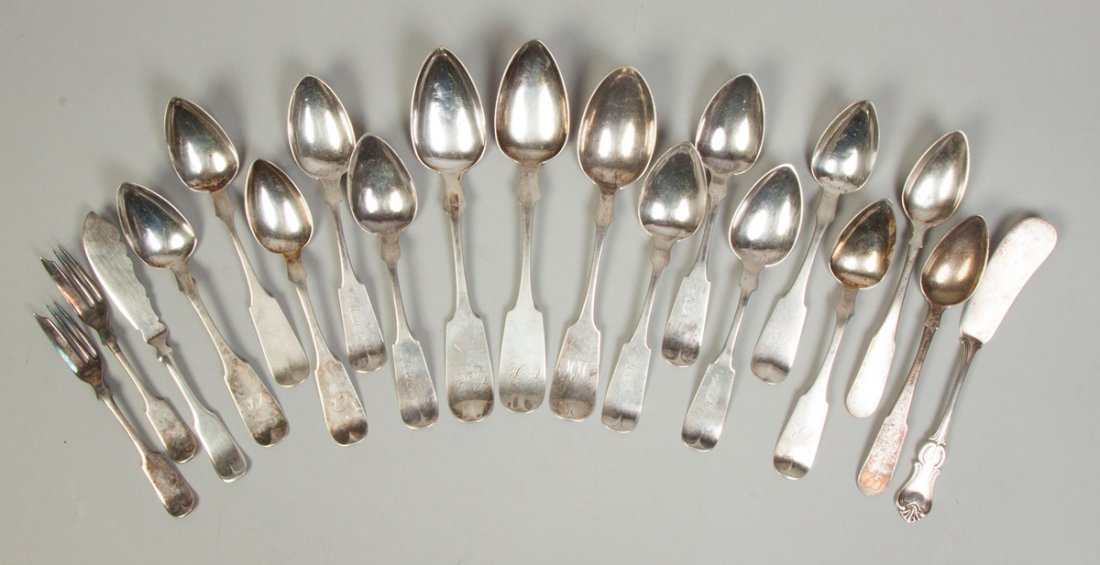 Coin Silver Serving Spoons & Various Pieces: Coin Silver Serving Spoons & Various Pieces.19 Pieces: 10 Tablespoons, T.J. Megear & John Stevenson, 7 1/8"; 2 Tablespoons, 7 1/4"; 1 Knife, Cowles & Albertson, 8"; 2 Lemon forks, Wilcox silver plate,