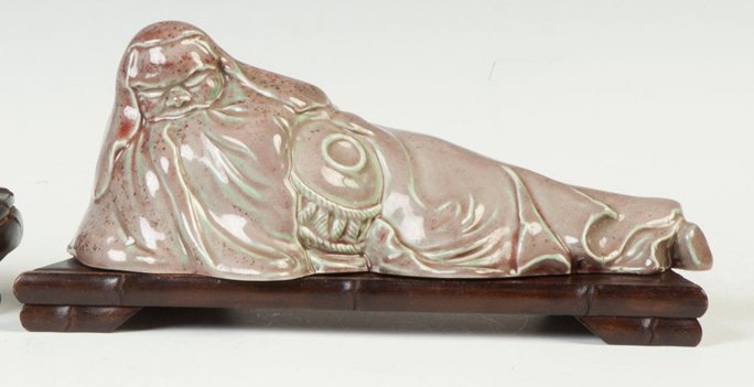 Chinese Ironstone Peachbloom Reclining Figure of Daruma: Chinese Ironstone Peachbloom Reclining Figure of Daruma.19th cent. Ht. 4" W 11"