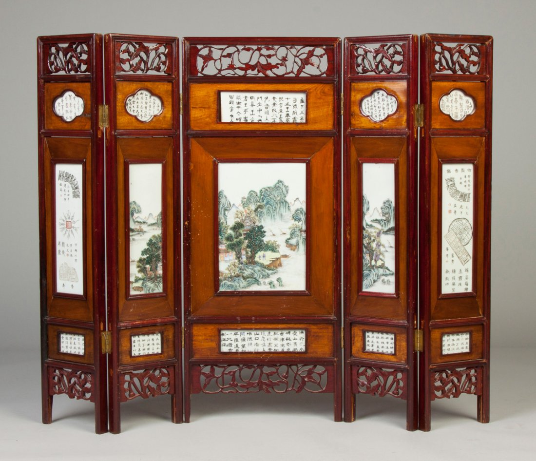 Chinese Screen with Hand Painted Porcelain Plaques: Chinese Screen with Hand Painted Porcelain Plaques.Late 19th/early 20th cent. Overall Ht. 37" W 45"; Panel 12" x 9" A Buffalo, NY Family.