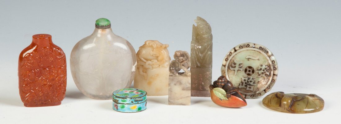 Various Chinese Items: Various Chinese Items.Amber, soapstone & jade. Max. Ht. 2 1/2"
