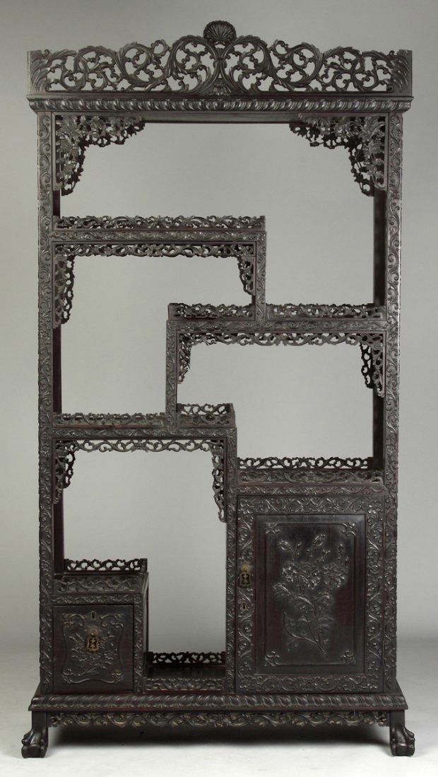 Chinese Carved Hardwood Display w/Cabinet Base: Chinese Carved Hardwood Display w/Cabinet Base. Ht. 6' 7" W 41" D 16" Given to Charles Hiat Darling, Asst. Secretary of Navy for Pres. Theodore Roosevelt, by the Reverend Peter Parker, for his help in