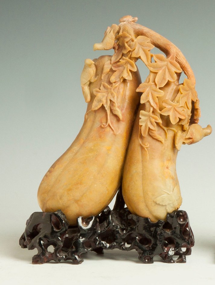 Chinese Carved Soapstone Gourds: Chinese Carved Soapstone Gourds.Republic period. With birds, insects, butterflies. Ht. 9" W 6" D 3" A Buffalo, NY Family.