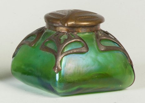 Loetz Iridescent Blue/Green Inkwell with Metal Mounts: Loetz Iridescent Blue/Green Inkwell with Metal Mounts.Early 20th cent. Ht. 3" Southern Tier Collection.