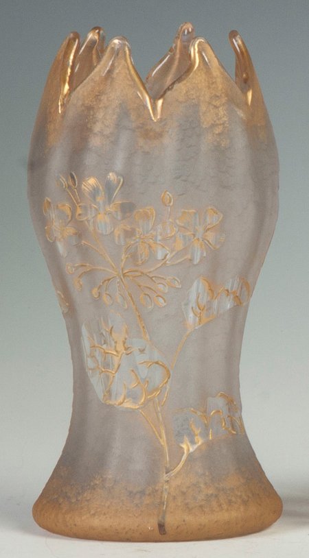Val Saint Lambert Acid Cut Back & Enameled Vase: Val Saint Lambert Acid Cut Back & Enameled Vase w/Flowers.Early 20th cent. Sgn. Daum. Ht. 8"Dia. 3 1/2" A Private Estate, Buffalo, NY.