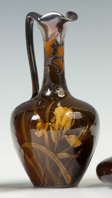 Rookwood Ewer with Silver Overlay Iris: Rookwood Ewer with Silver Overlay Iris.Artist initialed AMV, Anna M. Valentien. Ht. 8" The Cooper Estate, NJ.