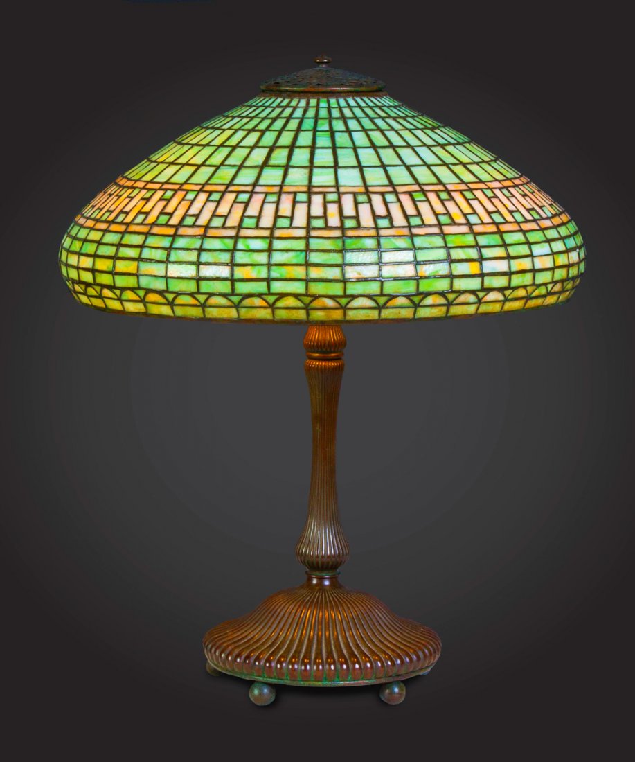 Tiffany Studios Leaded Table Lamp with Bronze Mushroom: Tiffany Studios Leaded Table Lamp with Bronze Mushroom Base.Shade sgn. Tiffany Studios New York #1476-9, original patina & condition. Base sgn. Tiffany Studios New York #370, original patina. Ht. 23" 