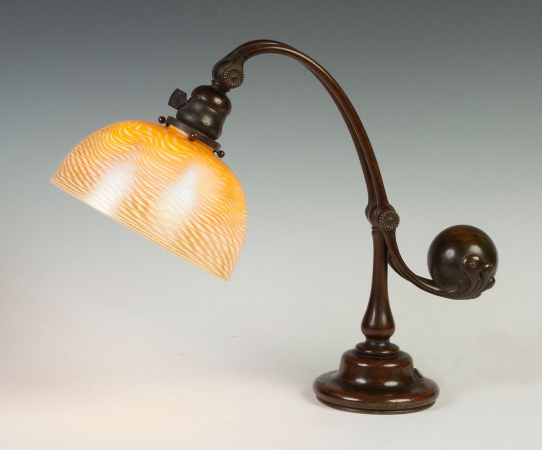 Tiffany Studios Counter Balance Lamp: Tiffany Studios Counter Balance Lamp.Shade sgn. LCT Favrile. Patinaed bronze base, sgn. Tiffany Studios NY 417. Ht. 14" Shade Dia. 8"