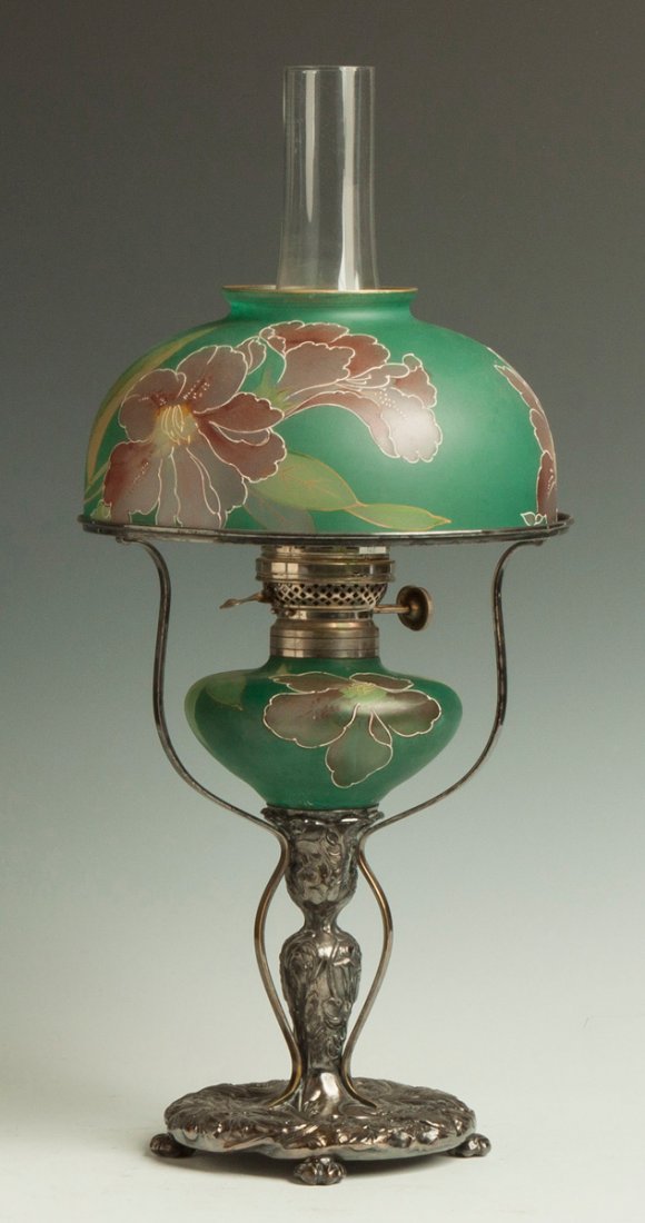 Unusual Pairpoint Obverse Painted & Enameled Oil Lamp: Unusual Pairpoint Obverse Painted & Enameled Oil Lamp.Original oil with Plume & Atwood burners. Silver plate base sgn. Pairpoint. Ht. 23" Shade Dia. 10" Southern Tier Collection.