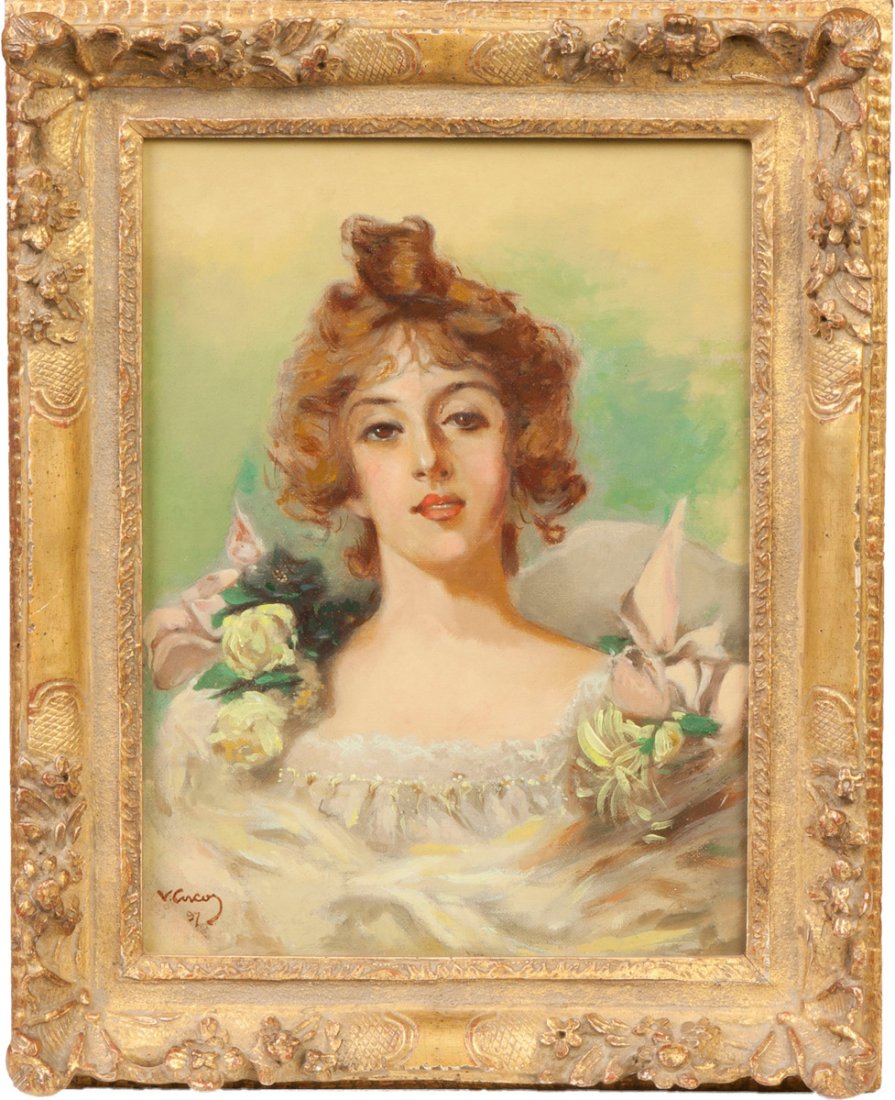 Vittorio Matteo Corcos (Italian, 1859-1933) Portrait: Vittorio Matteo Corcos (Italian, 1859-1933) Portrait of a young lady.Sgn. Lower left, V. Corcos, '97. Oil/canvas. 12" x 9" A Private Michigan Collection.