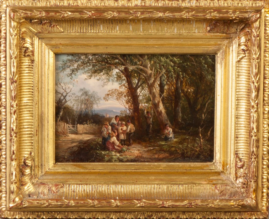 John J. Wilson (English, 1836-1903) Children in: John J. Wilson (English, 1836-1903) Children in landscape.Sgn. Lower right, J. Wilson. Oil on paper board. 6 1/2" x 10" A Private Syracuse, NY Collection.