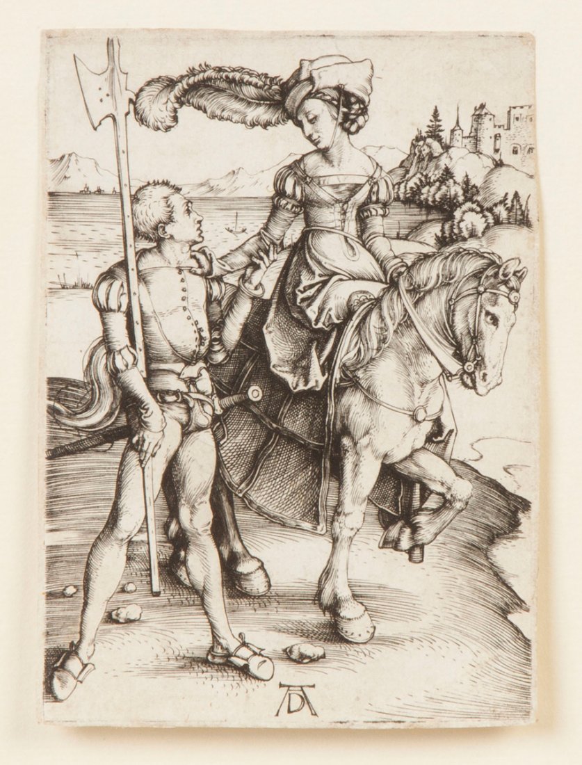 Albrecht Durer (Germany, 1471-1528) "Young Lady on: Albrecht Durer (Germany, 1471-1528) "Young Lady on Horseback".Engraving. 1497. B.82. Holl.84. Meader 84A. 4 3/8" x 3 1/16" Renowned James Lockhart Jr. Collection, Geneseo, NY. Thence by descent.