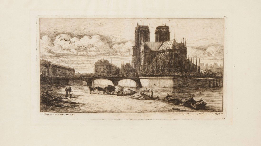 Charles Meryon (French, 1821-1868) "L'Abside du Pont: Charles Meryon (French, 1821-1868) "L'Abside du Pont Notre-Dame-de-Paris".Fine early printing. Schneideman State IV/IX. The Apse of the Pont Notre Dame, Paris. Overall: 10 3/8" x 16 7/8". Image: 6 1/2