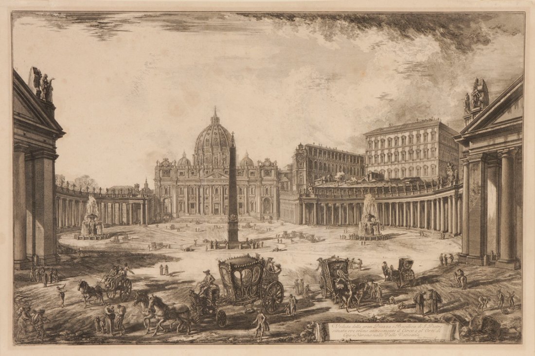 Giovanni Battista Piranesi (1720-1778) Veduta della: Giovanni Battista Piranesi (1720-1778) Veduta della gran Piazza e Basilica de S. Pietro.Sgn. In center, Cav. Piranesi F. View of the large square and St. Peter's Basilica. Radierung. (1772). Hind 101 