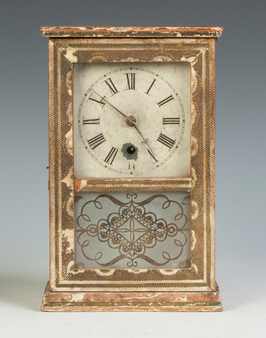 S. B. Terry Snake Skin Box Clock: S. B. Terry Snake Skin Box Clock. Original patina. Some wear, otherwise very goo. Original painted metal dial. Original frosted glass. 30 hour time only spring driven brass movement. Ht. 10 1/2". The 