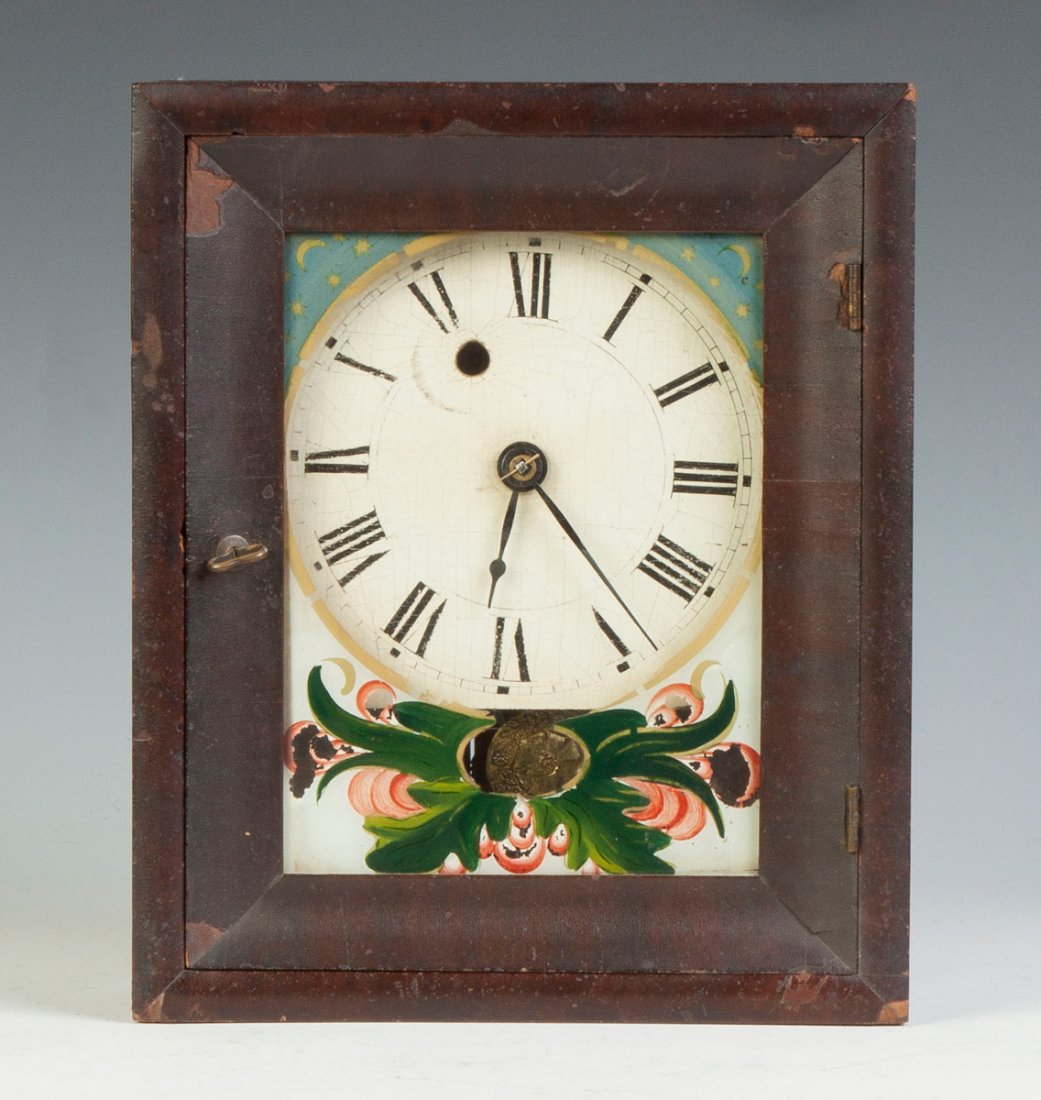 Rare Silas B. Terry Miniature Shelf Clock: Rare Silas B. Terry Miniature Shelf Clock. Mahogany case, original finish. Original painted wood dial. Original reverse painted glass. 30 hour time only detached fusee movement. Ht. 11". Ex. Lindy Lar