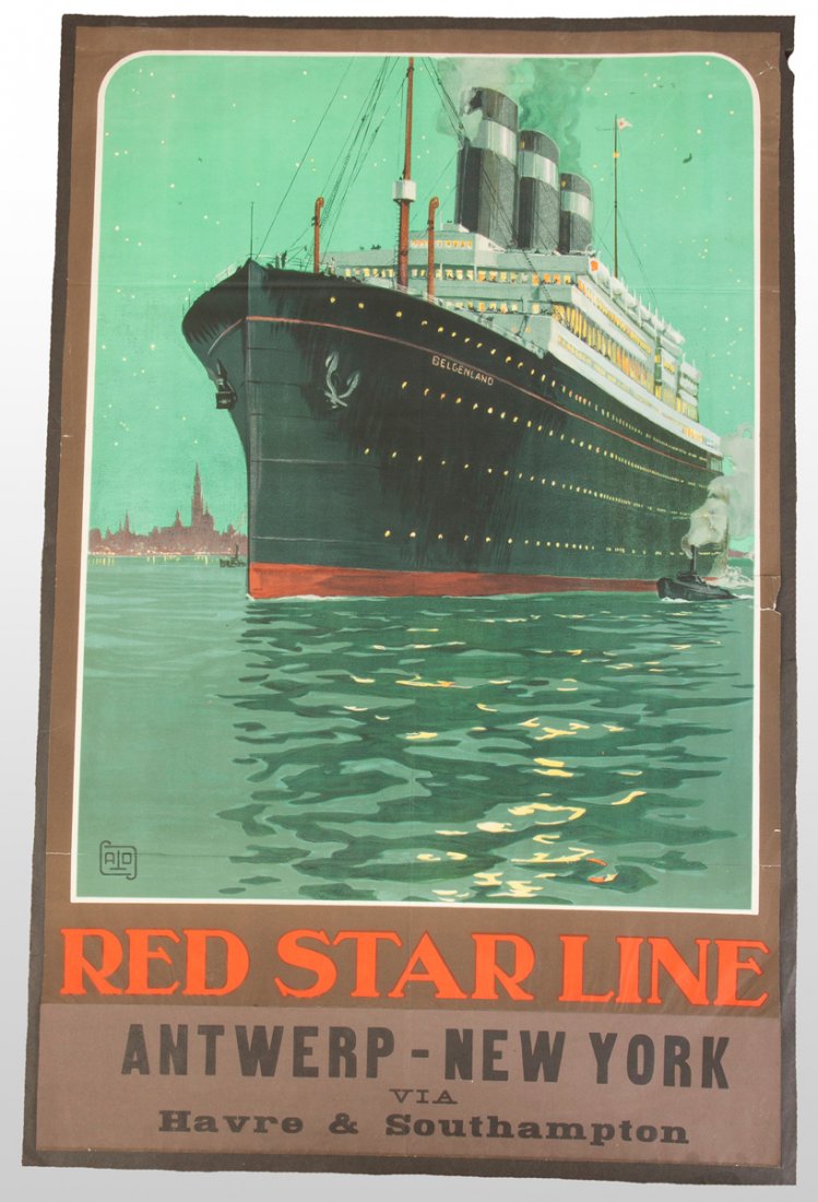 Red Star Line, Antwerp & New York, Vintage Travel: Red Star Line, Antwerp & New York, Vintage Travel Poster. 38" x 24". A Buffalo, NY Estate.