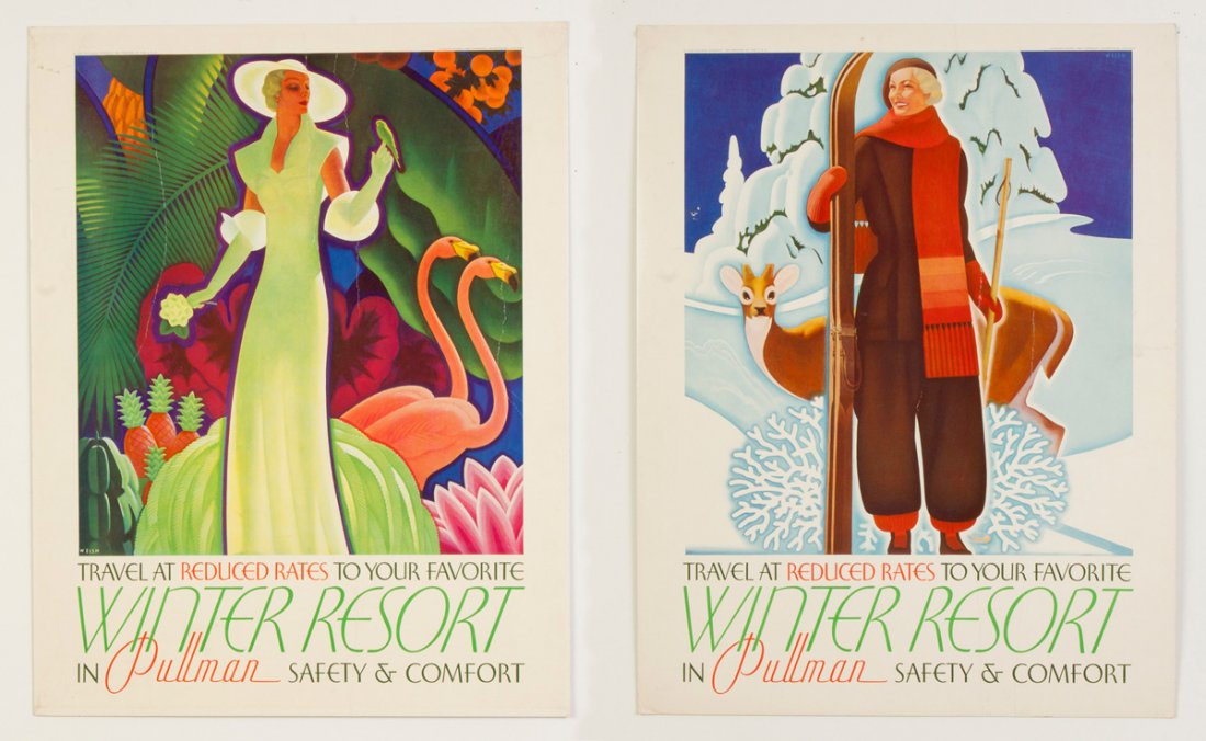 Two Winter Resort in Pullman Vintage Travel Posters: Two Winter Resort in Pullman Vintage Travel Posters. C. 1934. Paperboard. 26 1/2" x 21" & 27" x 21". A Buffalo, NY Estate.