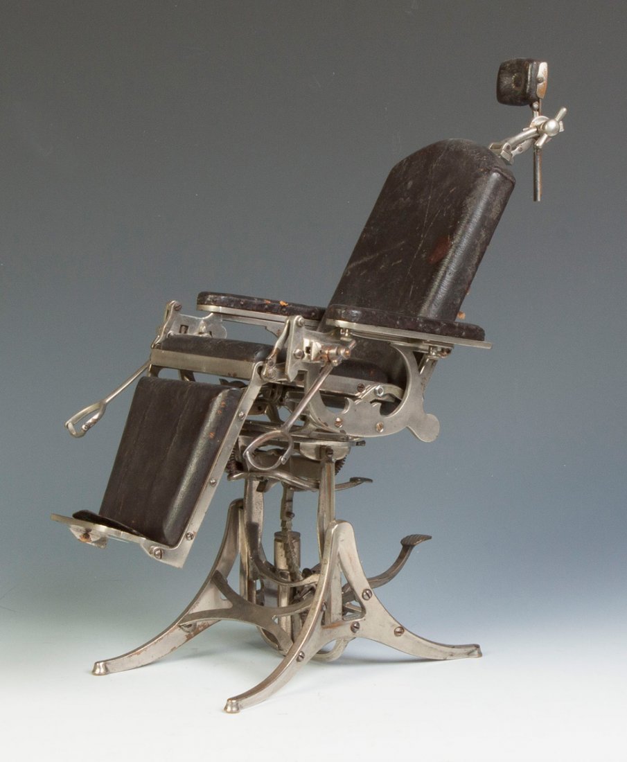 Doctor's Chair Patent Model: Doctor's Chair Patent Model. Nickel plated metal & leather. Ht. 14" W 8". Property of the Strong, sold to benefit the museum's collections fund.