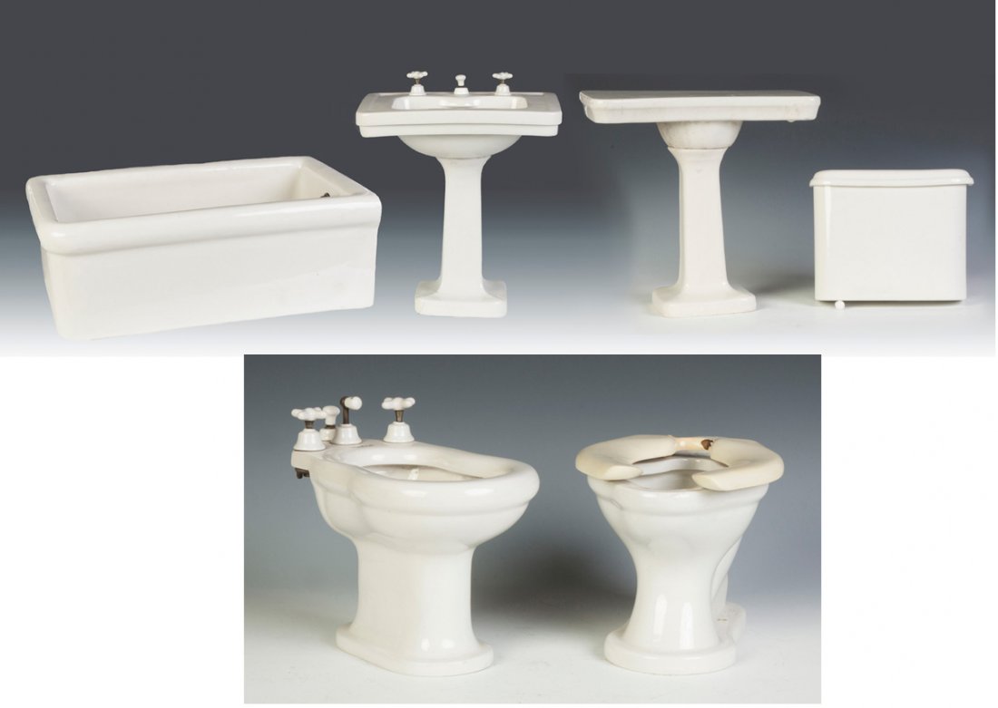 Six Porcelain Salesman Samples, Bathtub, Sinks &: Six Porcelain Salesman Samples, Bathtub, Sinks & Toilets. 1. Thomas Maddock's Sons, Trenton, NJ, pedestal sink; base broken and reglued; Ht. 15" W 14" D 11". 2. Bathtub store display; Ht. 9" W 25" D 1