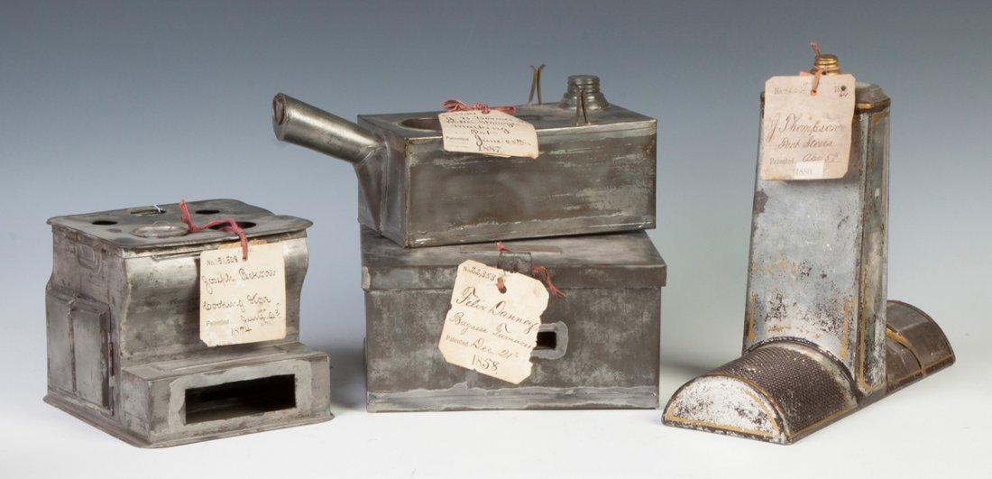 Four Patent Models, Stoves, Furnace & Marking Pot: Four Patent Models, Stoves, Furnace & Marking Pot. 1. Joseph Peckover Cooking Stove, 1874, missing pieces, Ht. 6" W 6 1/2". 2. Boomer & Strowger Marking Pot, 1887, good, Ht. 5" W 9 1/2". 3. Felix Damo