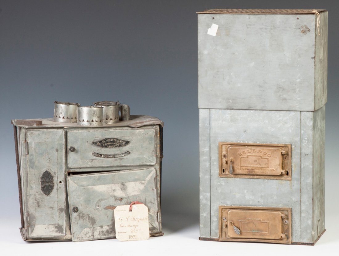 Two Patent Models, Gas Range & Heater: Two Patent Models, Gas Range & Heater. 1. A. L. Bogarh Tin Gas Range, 1869, missing burner, Ht. 11" W 12". 2. Tidewater Engineering Co., Bull Dog Heater, Gloucester, MA, 1925, zinc & metal, good, Ht. 