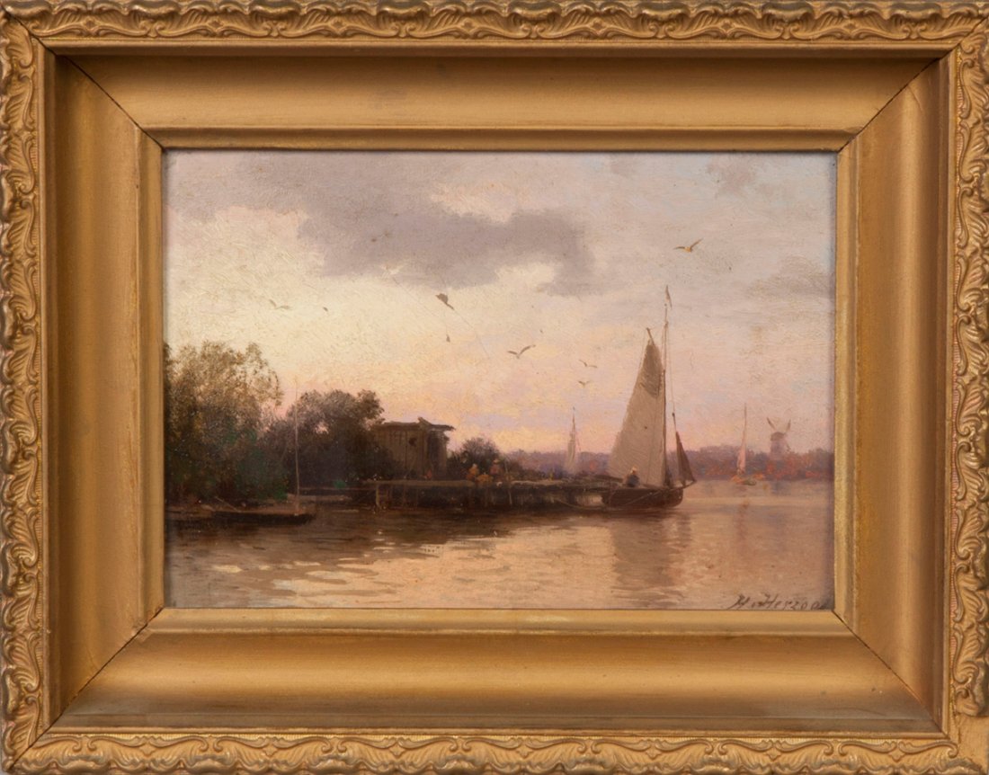 Hermann Ottomar Herzog (American/German, 1832-1932): Hermann Ottomar Herzog (American/German, 1832-1932) Pier at sunset,. Sgn. Lower right, H. Herzog. Oil/canvas board. 7" x 10". A Pennsylvania Estate.