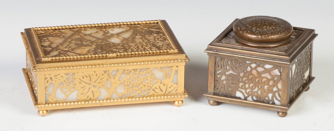 Tiffany Studios Bronze Box & Inkwell: Tiffany Studios Bronze Box & Inkwell. L: Sgn. Tiffany Studios New York #808; grape leaf pattern; original patina, excellent; Ht. 2" W 5 1/2". R: Sgn. Tiffany Studios New York #845; grape leaf pattern;