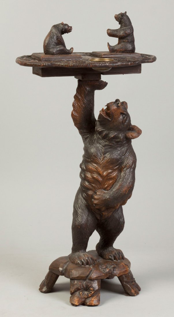 Carved Black Forrest Bear Smoking Stand with Music Box: Carved Black Forrest Bear Smoking Stand with Music Box. Late 19th cent. Ht. 36" W 18" D 15". Pictured in "Bear Memorabilia" by Dee Hockenberry, p. 31.