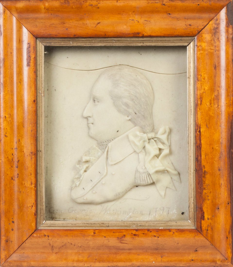 Wax Relief Bust of George Washington: Wax Relief Bust of George Washington. C. 1797. Sgn. G. Rouse. Maple frame. 12" x 10".