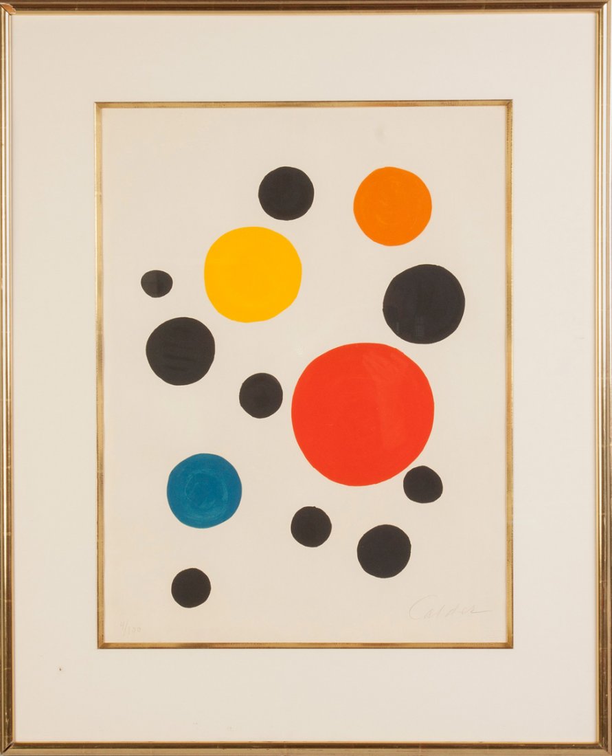 Alexander Calder (American, 1898-1976) "Polka Dots": Alexander Calder (American, 1898-1976) "Polka Dots". Sgn. in pencil lower right, Calder. Numbered lower left 4/100. Lithograph. Sight: 26" x 20". Richard F. Brush Collection, Rochester, NY.