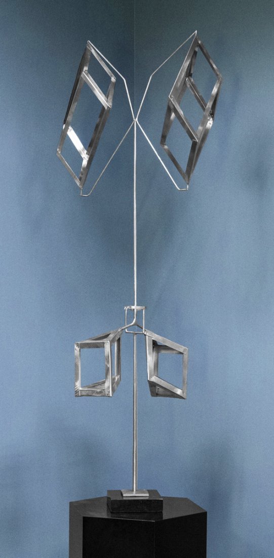 George Warren Rickey (American, 1907-2002) Aluminum: George Warren Rickey (American, 1907-2002) Aluminum & Stainless Steel Kinetic Sculpture. Inscribed Rickey 1993, 1 of 3. Ht. 46". Richard F. Brush Collection, Rochester, NY. Richard F. (“Dick”) Bru