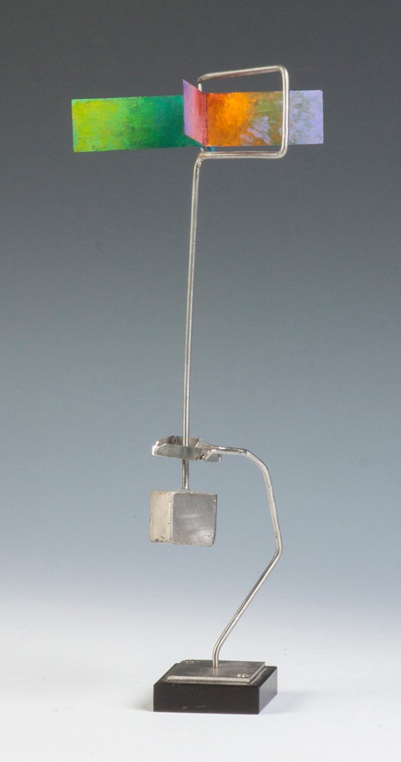 George Warren Rickey (American, 1907-2002) "One Rotor: George Warren Rickey (American, 1907-2002) "One Rotor with Cube and Gimbal" . Sgn. Rickey 1993-95. Aluminum kinetic sculpture. Ht. 12". Richard F. Brush Collection, Rochester, NY. Richard F. (“Dick�
