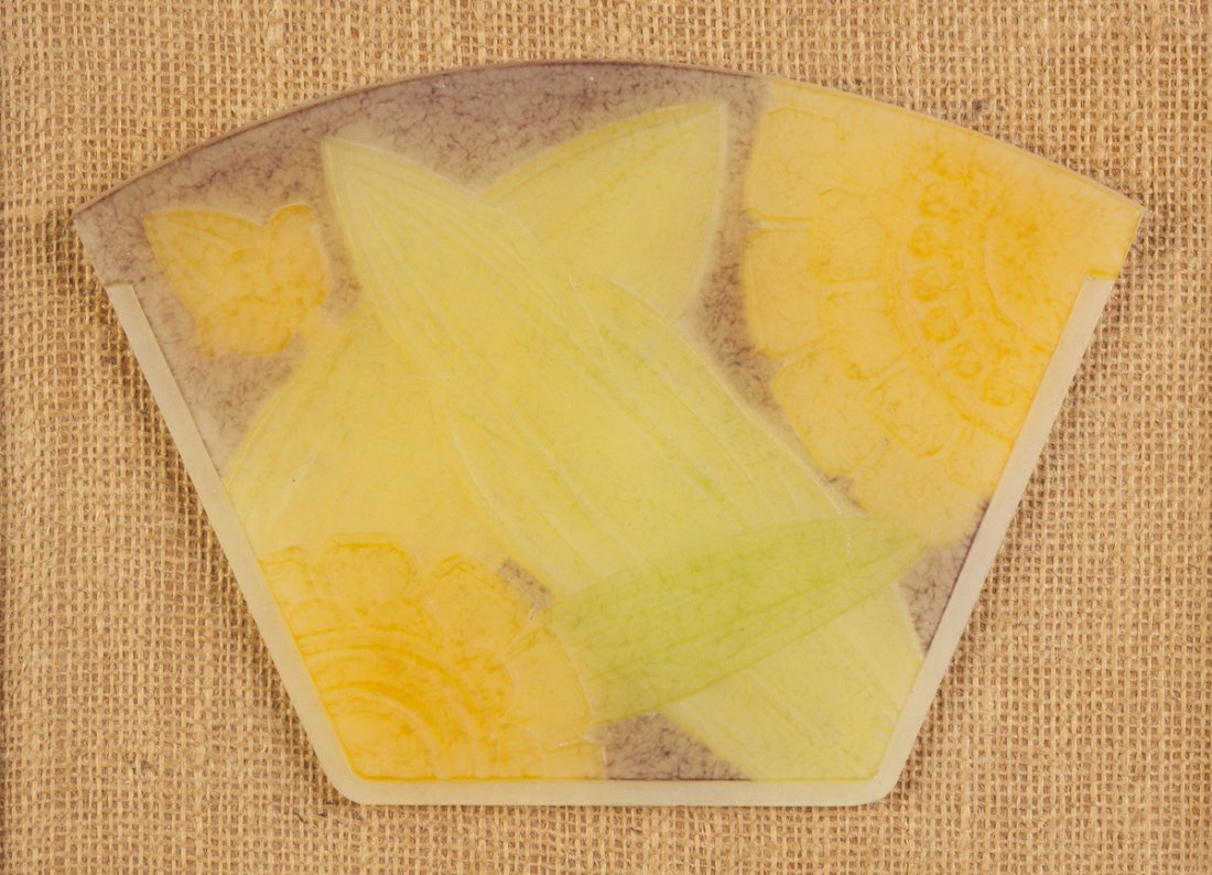 Art Deco Pate de Verre Lamp Panel: Art Deco Pate de Verre Lamp Panel. Early 20th cent. Unsigned. Stylized flowers. Ht. 7 1/2" W 10 1/2". Richard Bright and Kyle Goodman Collection, Corning, NY.