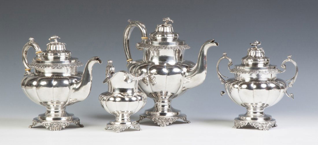 Jones, Lows & Ball, Boston, MA, Coin Silver Four Piece: Jones, Lows & Ball, Boston, MA, Coin Silver Four Piece Tea Set. Early 19th cent. Inscribed on base and dated 1836. Lobed form, stylized scroll feet, molded relief borders & floral finials. 121 ozt. Ma
