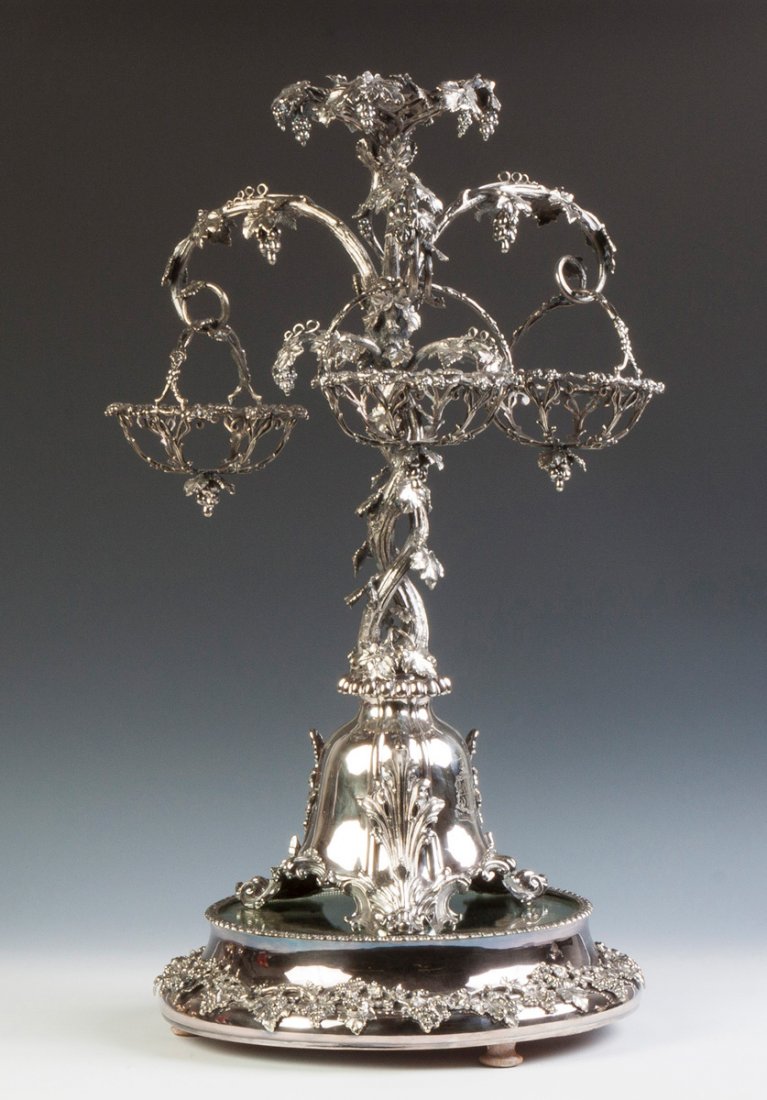 Silver Plated Epurn: Silver Plated Epurn. 19th cent. Grape motif. Ht. 29" Max. W 17". A Cazenovia, NY Estate.